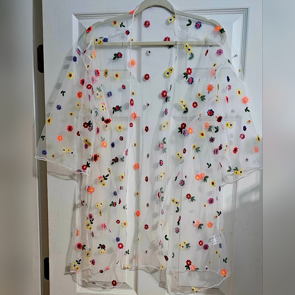 New Floral Embroidered Mesh Open Front Cover Up Blouse Large - Picture 3 of 5